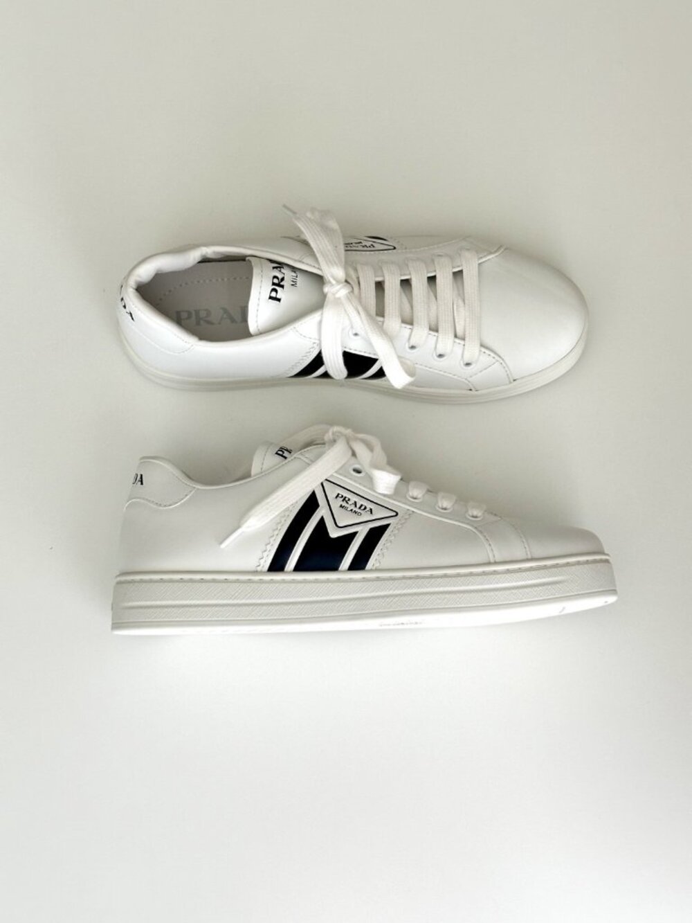 Women's NEW PRADA White/Black Leather Logo Stripe Low Top Sneakers Size 38